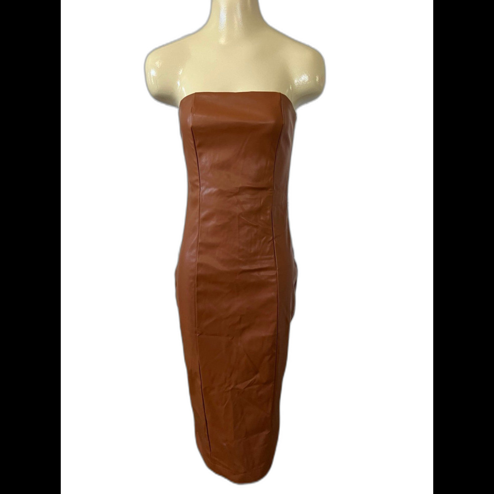 Tan Faux Leather Strapless Midi Dress (M) #332